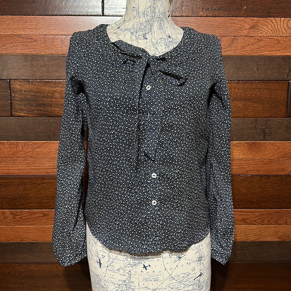 Tommy Hilfiger Tie Neck Long Sleeve Navy Blue and White Button Down Blouse